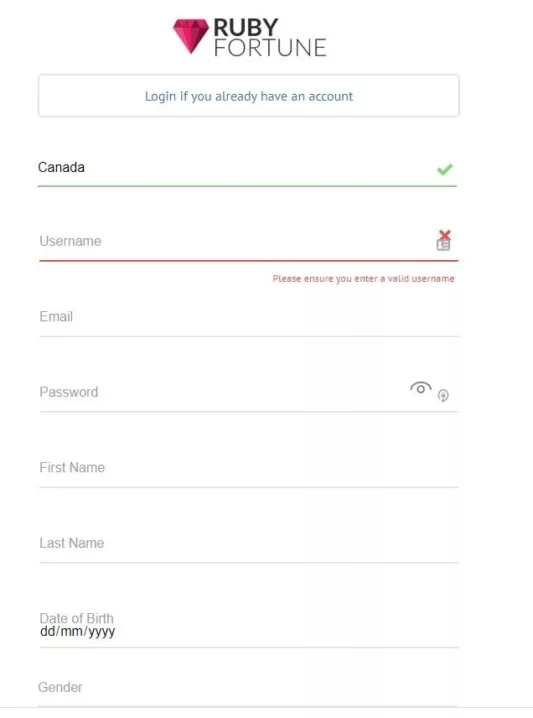 Ruby Fortune sign up page