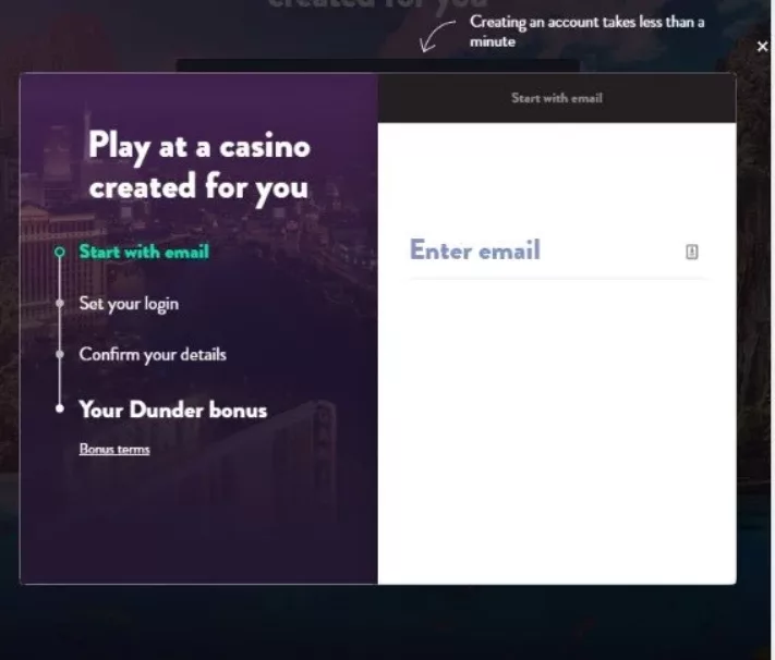 Dunder sign-up screen