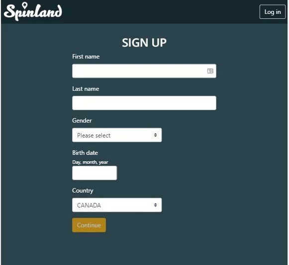 Spinland sign up page