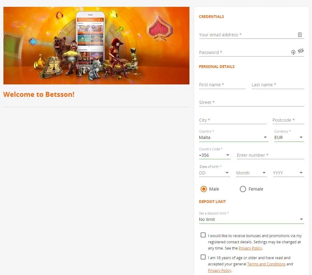 Betsson sign up page