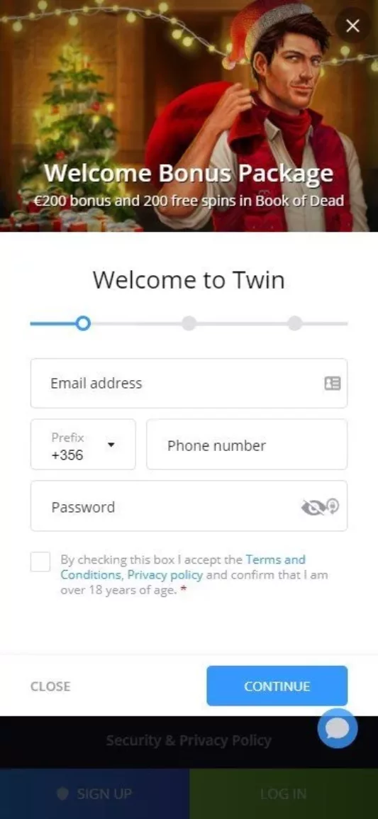 Twin Casino registration screenshot
