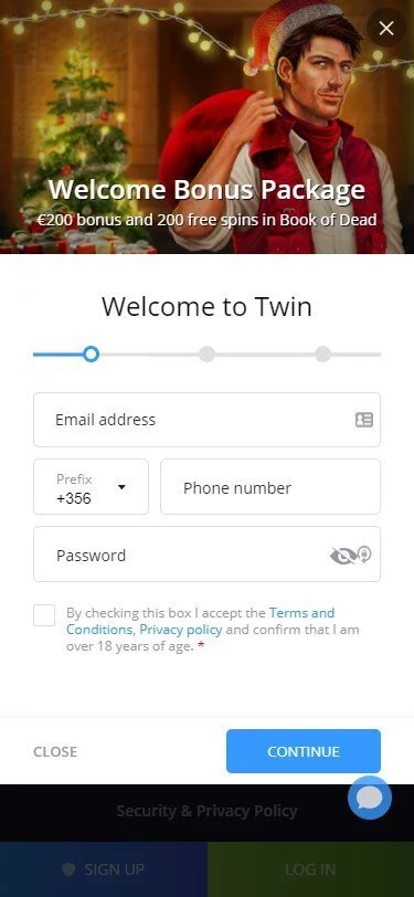 Twin Casino registration screenshot