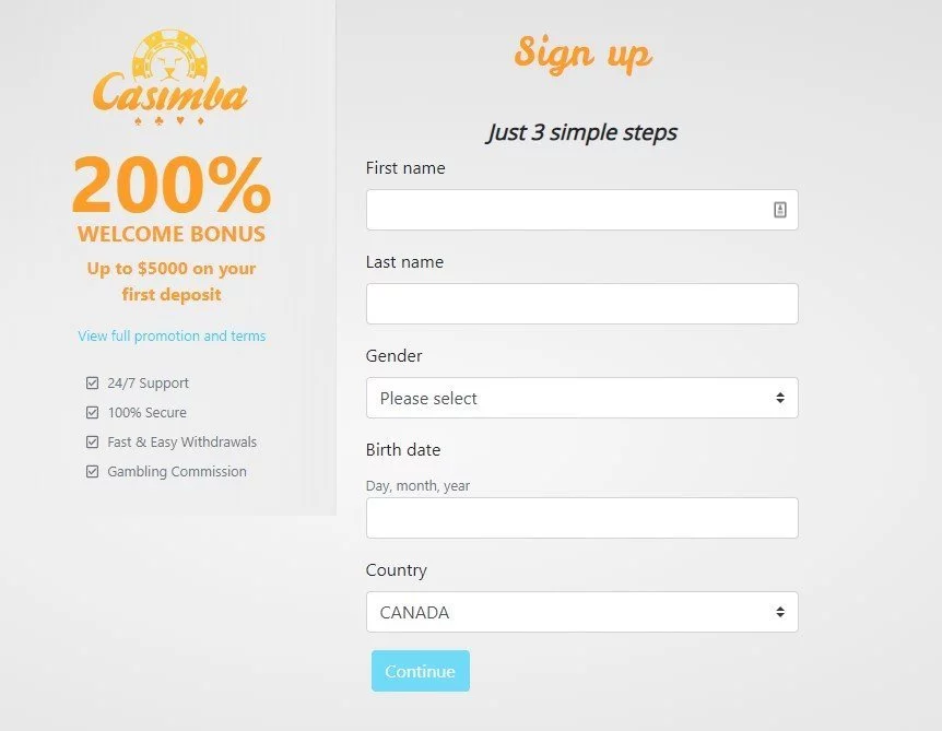 Casimba Sign Up Page Screenshot