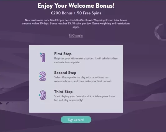 Wishmaker Casino Welcome Bonus and Registration Page Screenshot