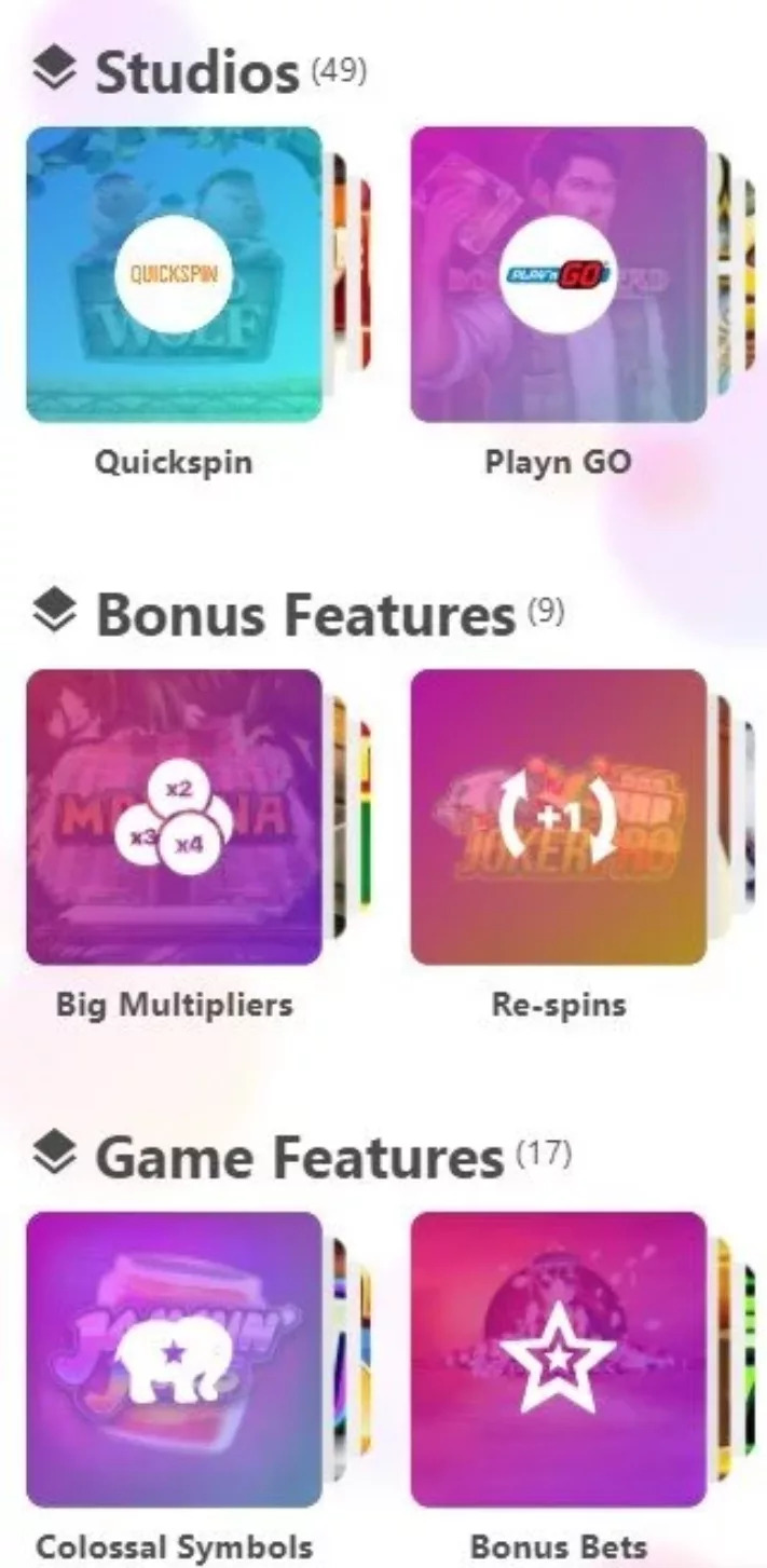 Dreamz Casino game filter options