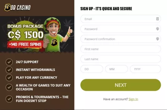 Bob Casino sign up page