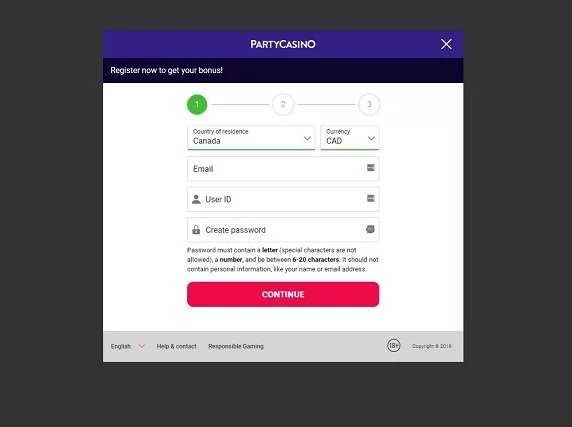 Party Casino sign up page