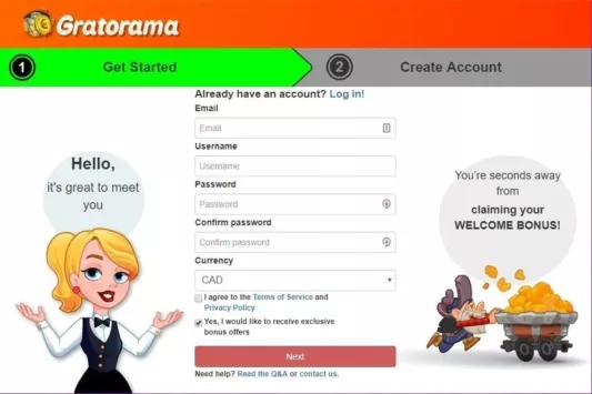 Gratorama sign up page