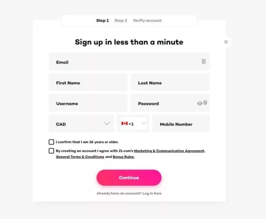 21.com sign up page