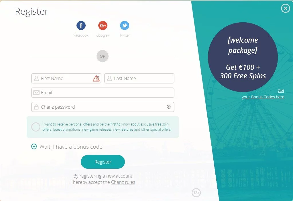 Chanz Casino signup page screenshot