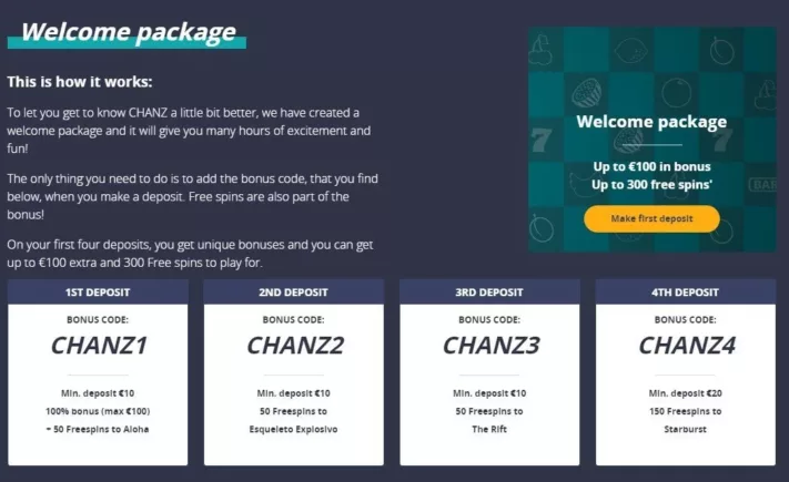 Chanz Casino welcome package screenshot