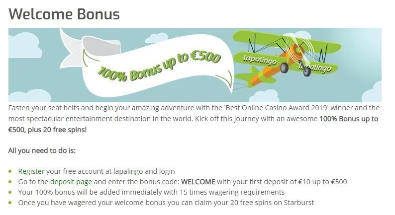 Lapalingo welcome bonus screenshot