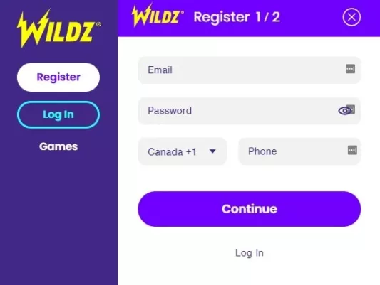 Wildz Casino sign up page screenshot