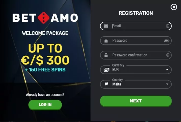 Betamo registration screenshot