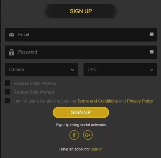 Golden Star Casino sign up page screenshot