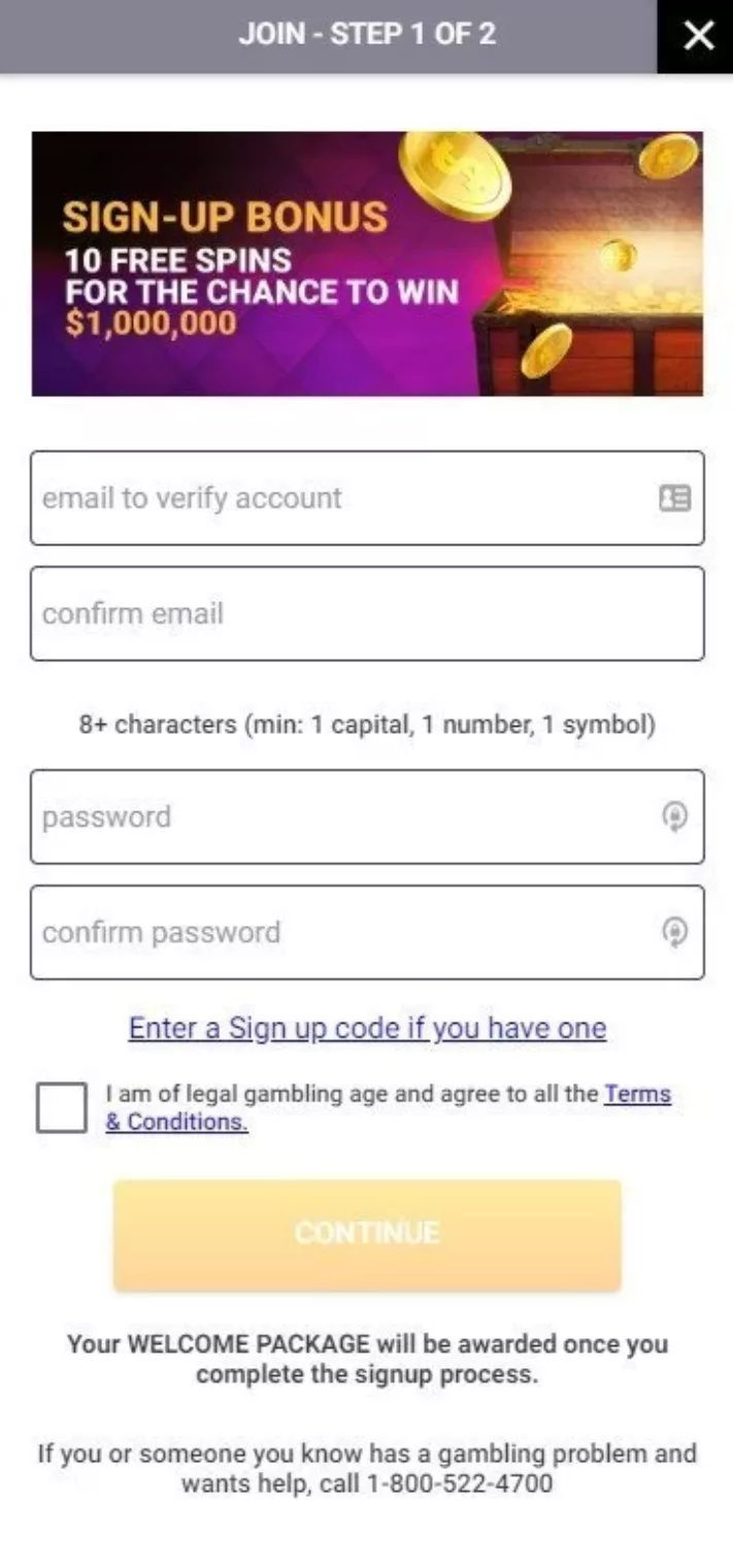 CanPlay Casino sign up page