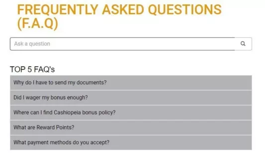 Cashiopeia Casino FAQ screenshot