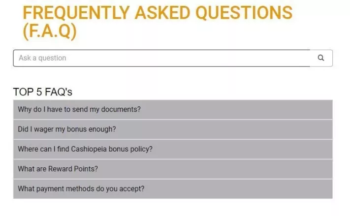 Cashiopeia Casino FAQ screenshot