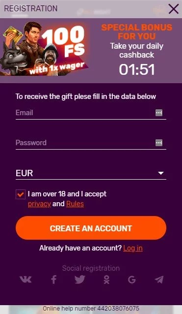 All Right Casino sign up page