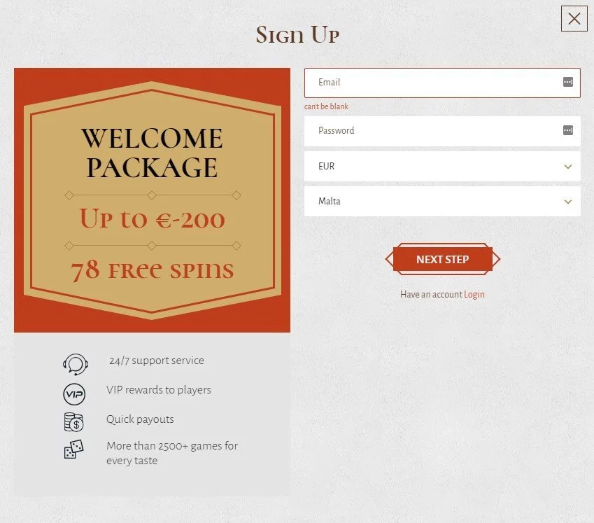 Avalon 78 Casino Sign Up Page