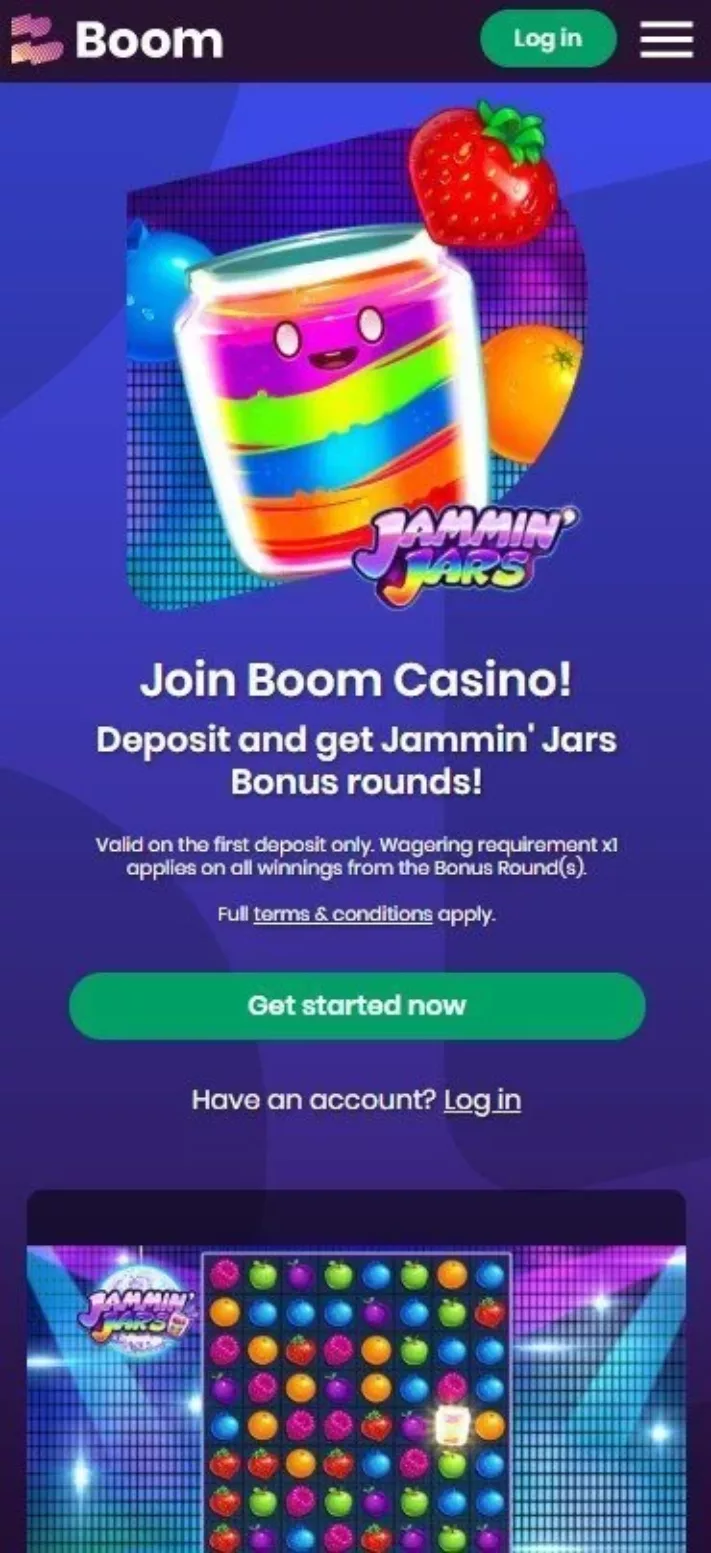 Boom Casino Welcome Screen
