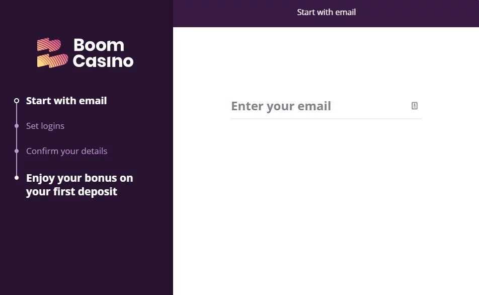 Boom Casino sign up page