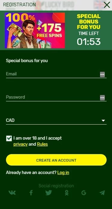 LuckyBird Casino Registration page