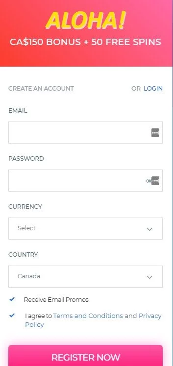 Surf Casino sign up page