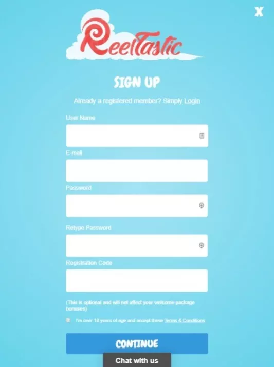 Reeltastic sign up page