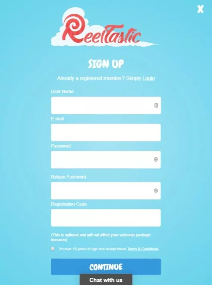 Reeltastic sign up page