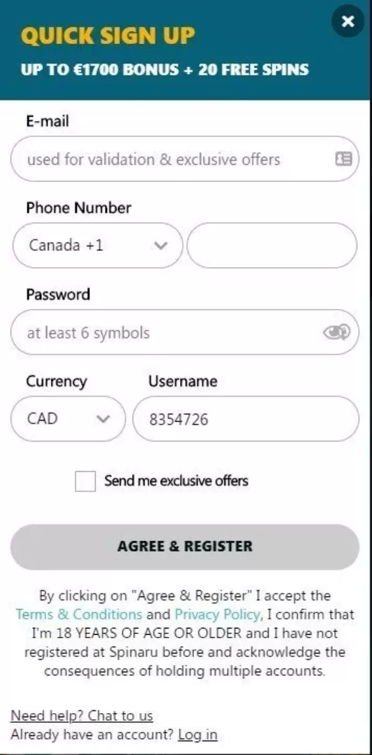Spinaru Casino sign up
