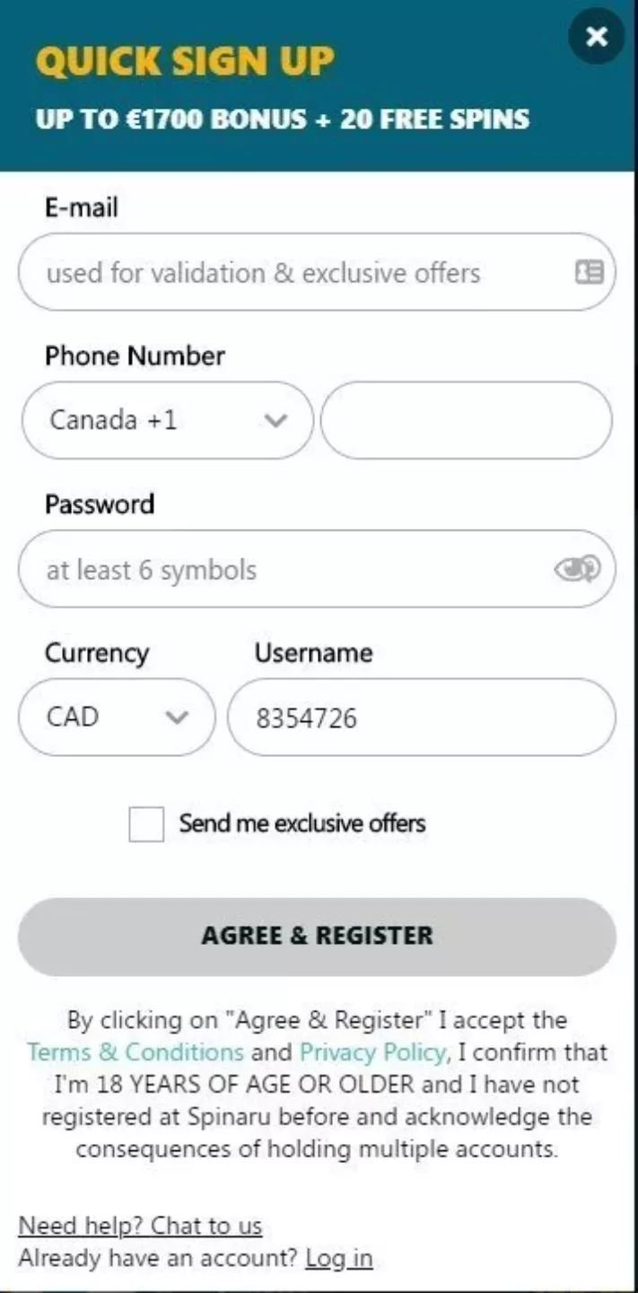 Spinaru Casino sign up