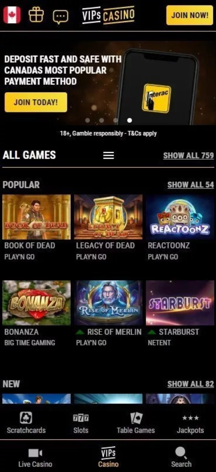 VIPs casino home screen